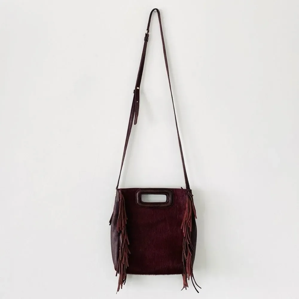 Maje Maroon Burgundy Cowhide Fringe Bag Crossbody Clutch Bag Boho Chic Festival
